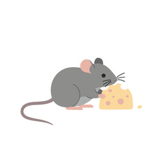 Animated gray mouse eating a slice of swiss cheese, presented on a white backdrop