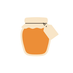 Simple illustration of a jar filled with a golden substance and a tag, against white background