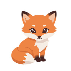Adorable, simplified vector fox with big eyes, orange fur, and pointy ears on a white background