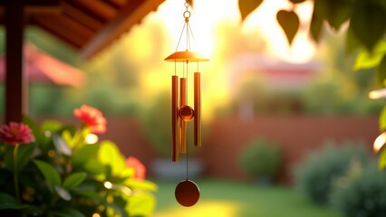 Golden wind chime hanging in garden sunlight