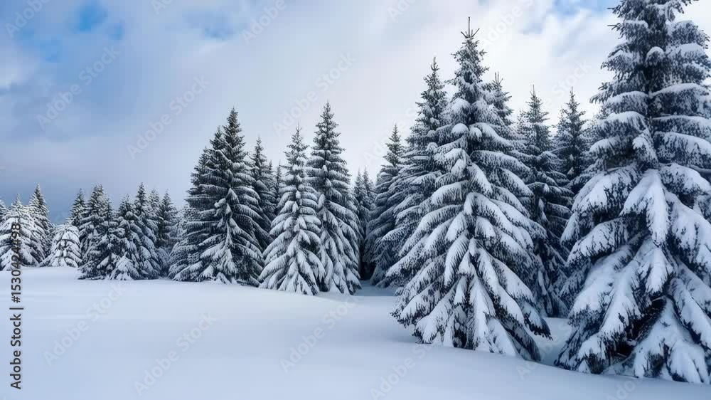 Poster snow covered fir trees in winter landscape under cloudy sky, creating a pristine forest scene