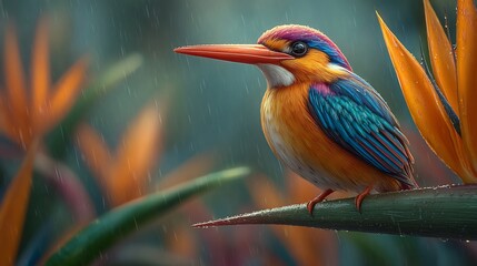 Colorful kingfisher perched on a branch in a rain shower.