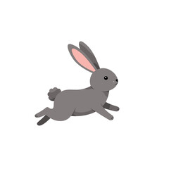Cute cartoon gray rabbit running on white background with long ears and a puffy tail