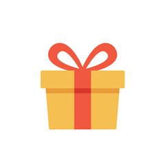 Simplified illustration of a wrapped present, yellow box tied with a red ribbon and bow