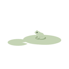 Stylized light-green frog sits on a lily pad. A simple, modern, clean vector illustration