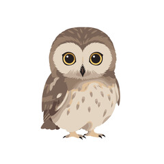 A graphic illustration of an owl, front-facing with large, round eyes and brown plumage