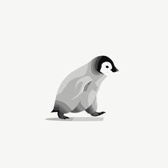 Minimalist grayscale illustration of a penguin chick against a plain, bright white background