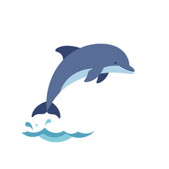 Cartoon-style blue dolphin jumping out of water, against a white background