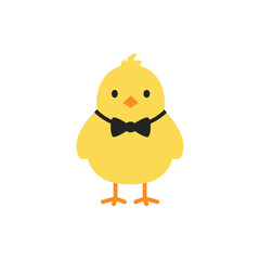 Yellow chick illustration with a black bowtie, facing forward, on white background, cartoon style