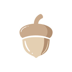 Stylized acorn, with a rounded cap and stalk in tan colors, set against a white background