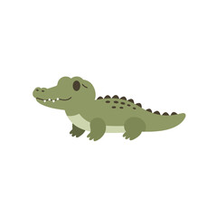 Cartoon alligator, green, with scales, eyes, and feet, against a white background