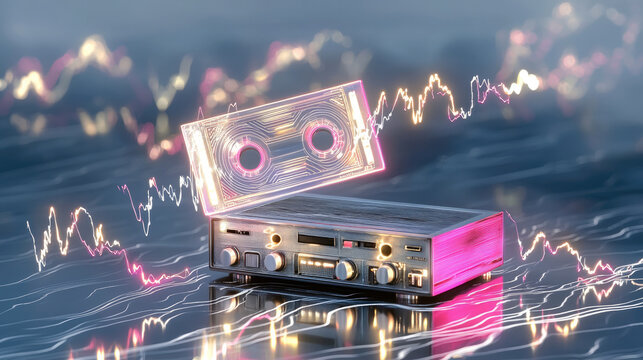 Side view glowing cassette retro audio player neon light futuristic music vibrant digital art energetic