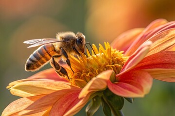 Honeybee collecting pollen on a vibrant orange dahlia flower
