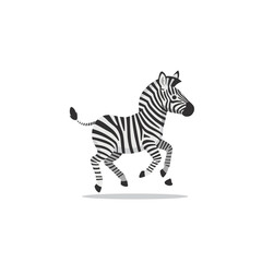 Stylized zebra with black and white stripes trots on a stark white background in a cartoonish rendering