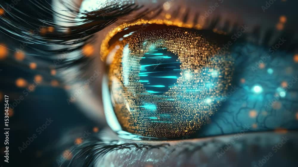 Poster wide view of a futuristic eye showcasing advanced data interaction and technological innovation, wid