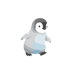 Cartoon penguin chick in soft shades of grey, white and blue standing on a white background