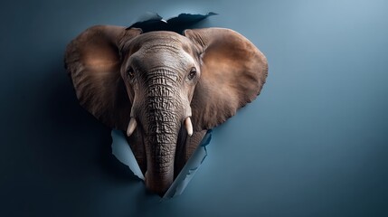 Elephant emerging from a hole in a textured surface.