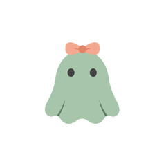 A simplified, cute cartoonish green ghost with large eyes wearing a peachy pink bow on top