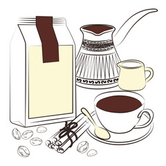 Coffee Essentials Vector Illustration with Cinnamon and Beans
