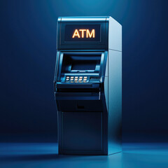 ATM machine illuminated modern blue background financial technology cash secure night