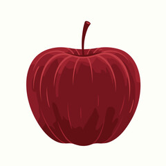 Stylized, dark red apple with a brown stem against a plain white background