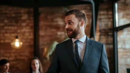 Confident businessman celebrating success while giving a high five in modern office setting, Self confident businessman cheering and giving high fives to colleagues