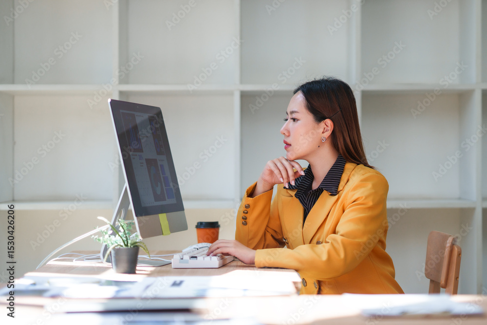 Poster businesswoman working on computer in modern office using desktop computer, thoughtful expression