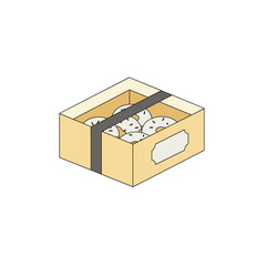 Isometric illustration of box of donuts with sprinkles, secured by a grey band