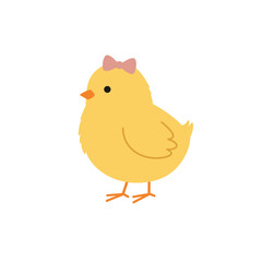 A flat cartoon illustration of a yellow chick wearing a pink bow