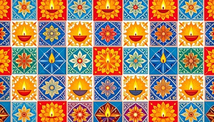 Vibrant Diwali festival pattern with geometric tiles - decorative lantern designs, flame symbols, flowers in squares. Traditional Indian celebration mosaic motifs for modern holiday