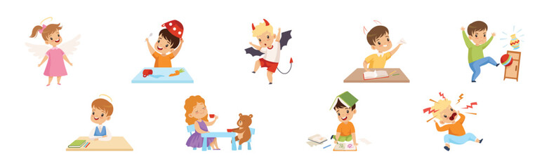 Naughty and Obedient Kids with Good Manners and Hooligans Vector Illustration Set