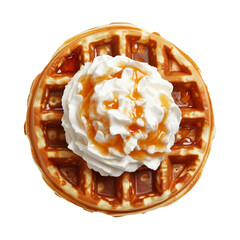 Golden waffle with whipped cream and syrup topping, isolated on white background, concept of sweet dessert treat