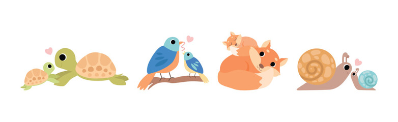 Mom and Baby Animal Together Feel Love Vector Set