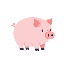 Illustrated light pink cartoon pig with curly tail, seen from the side, set against white