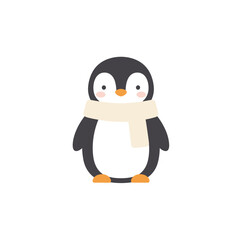Illustration of a cute, minimalist penguin wearing a tan scarf against a white background