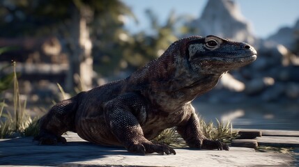 Large lizard resting on a wooden surface.