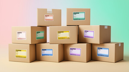 Fototapeta premium Colorful shipping labels on neatly stacked cardboard packages, representing modern e-commerce logistics