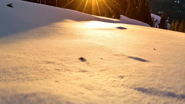  Delicate white hellebore flower blooming through a snow covered landscape at golden hour, showcasing resilience and beauty against blurred mountains.
