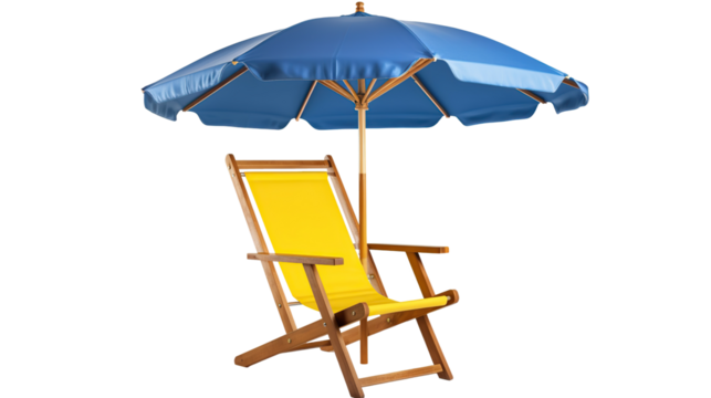 Beach umbrella and chair for a relaxing summer vacation by the tropical sea, perfect for sunbathing and rest, isolated on transparent background. PNG