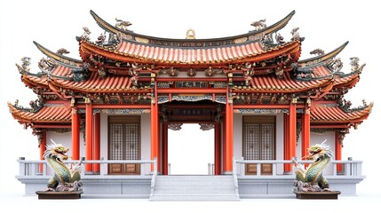 Obraz premium A traditional Chinese temple with a red and gold roof, intricate carvings, and two guardian dragons. It has a large, open entryway with double doors