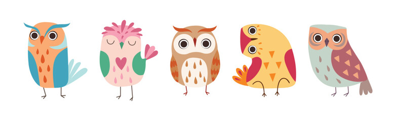 Cute Owl Bird Feathered Flying Animal with Wings Vector Set
