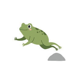 Cute green cartoon frog with spots and a pink cheek on a white background