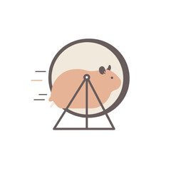Illustration of a hamster running in a wheel, with a simple, flat vector style in muted color tones
