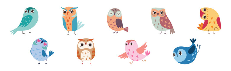 Cute Owl Bird Feathered Flying Animal with Wings Vector Set