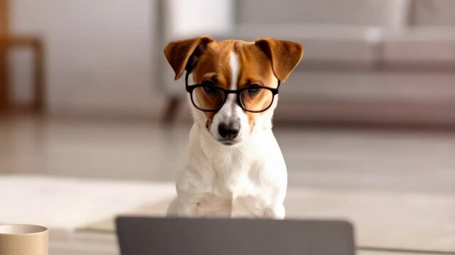 Smart Jack Russell terrier wearing glasses sitting in front of laptop computer, near coffee cup