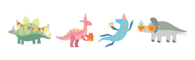Cute Dinosaur at Happy Birthday Party in Hat Vector Set