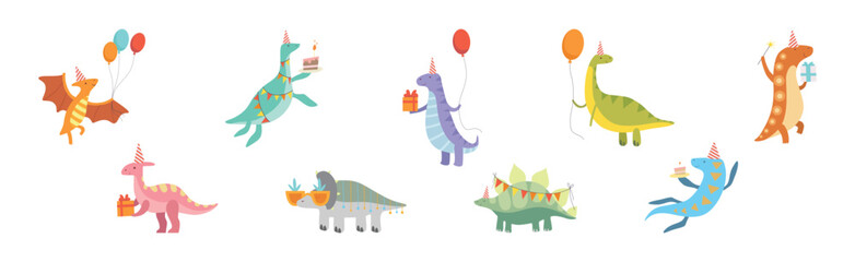 Cute Dinosaur at Happy Birthday Party in Hat Vector Set