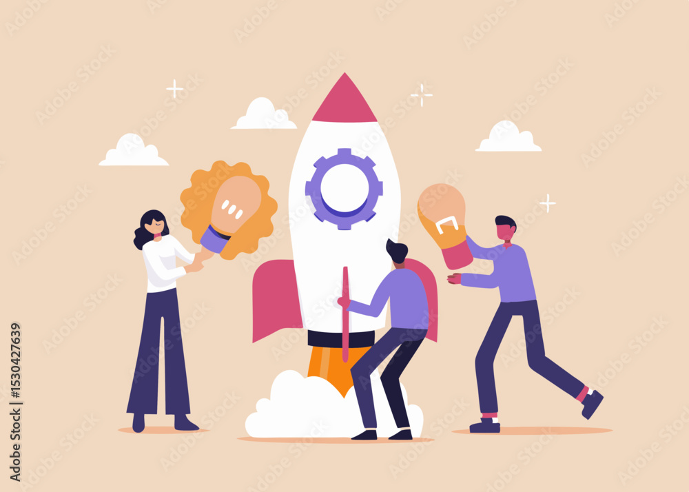 Poster teamwork and innovation people launching a rocket with light bulbs and gear symbolizing startup succ