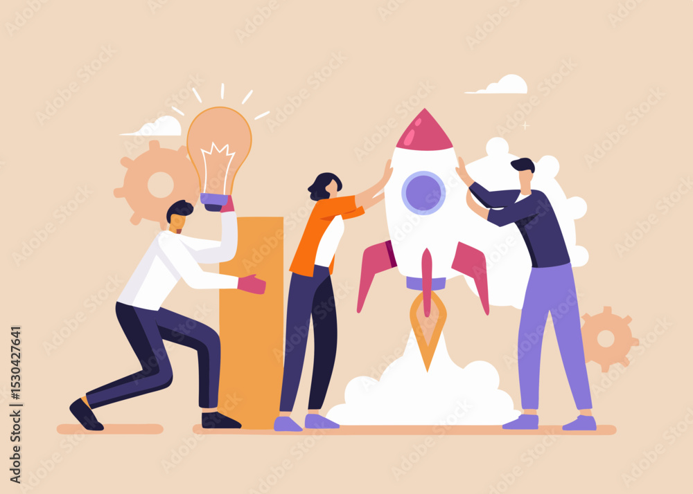 Poster teamwork and collaboration launching a startup rocket with idea generation for business success and 