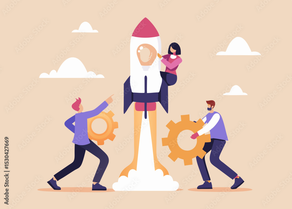 Poster teamwork and collaboration for successful startup launch with rocket and gears illustration for busi